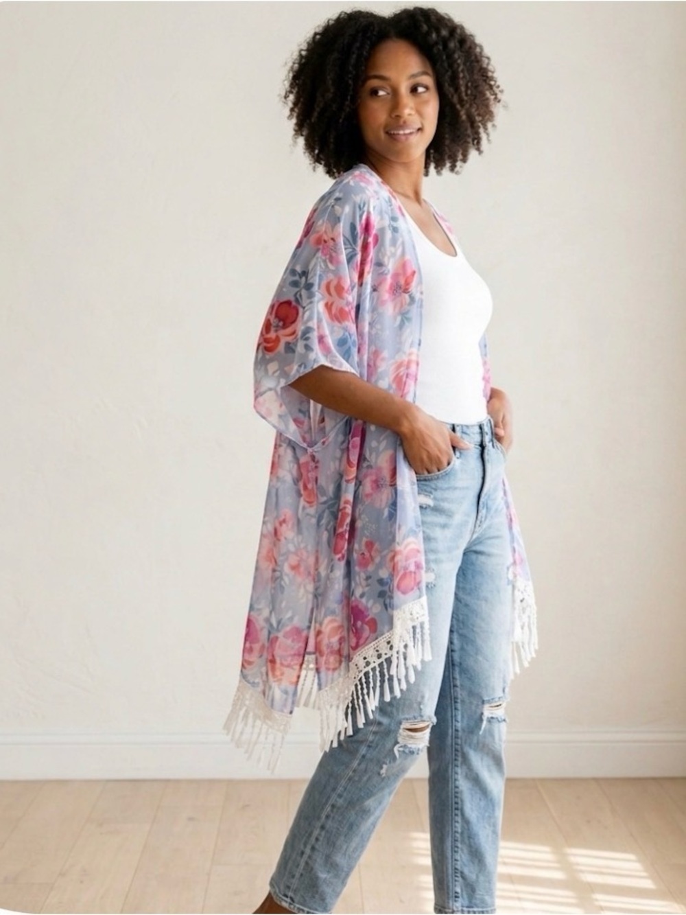 Coverup Floral Blue Red Kimono